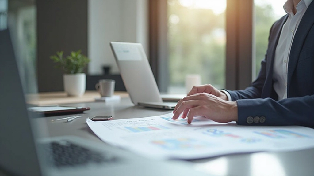 Professionele ondernemer aan het bureau met bedrijfsplan en laptop in kantoor