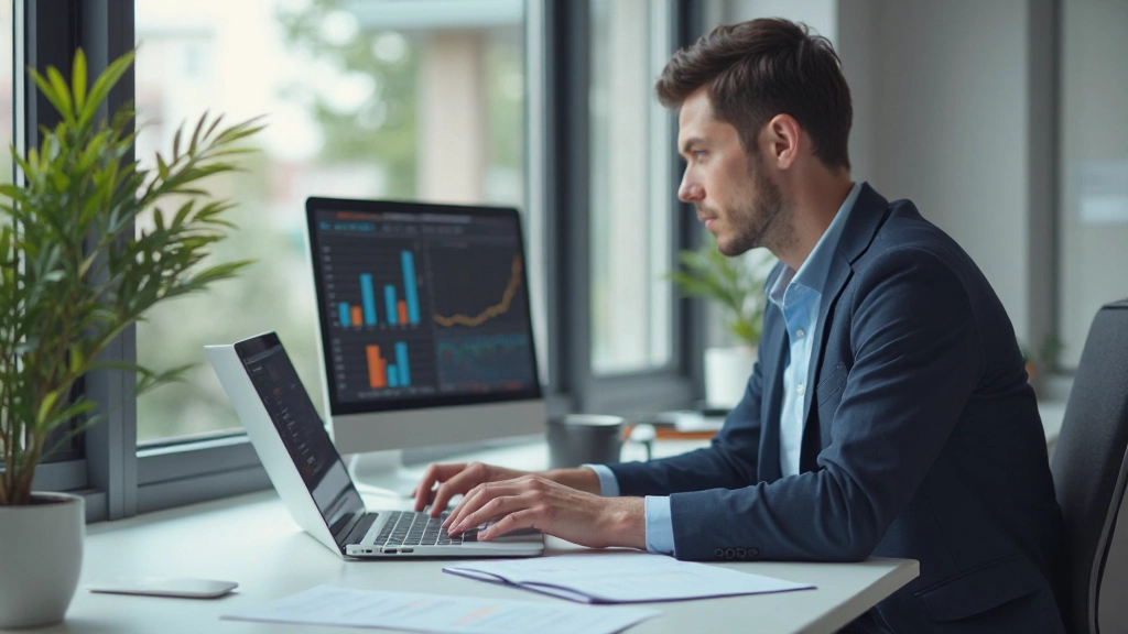 Professionele ondernemer werkt aan modern bureau met laptopcomputer en bedrijfsmaterialen