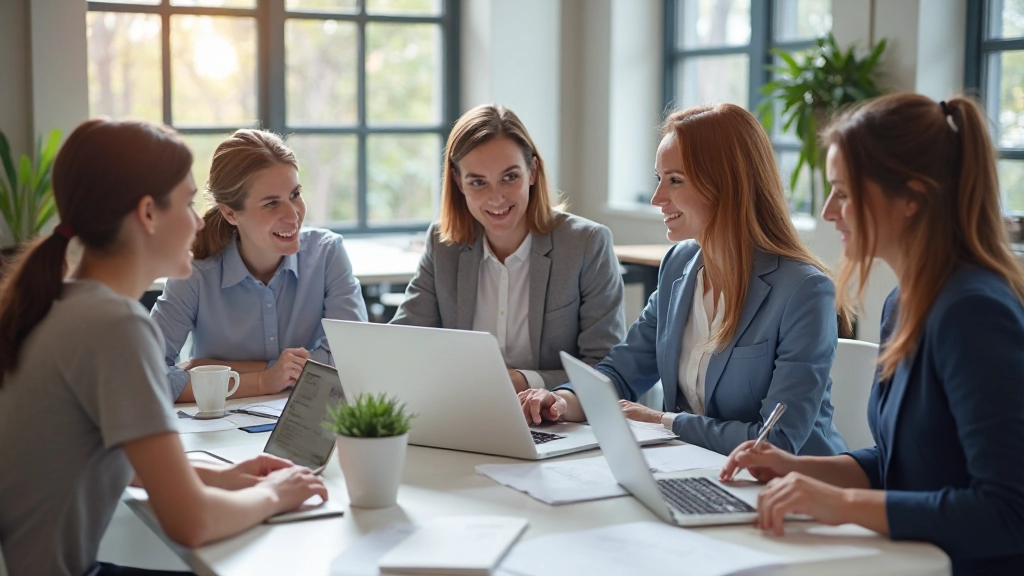Professioneel team van ondernemers werkt samen in modern kantoor met notitieblok en laptop