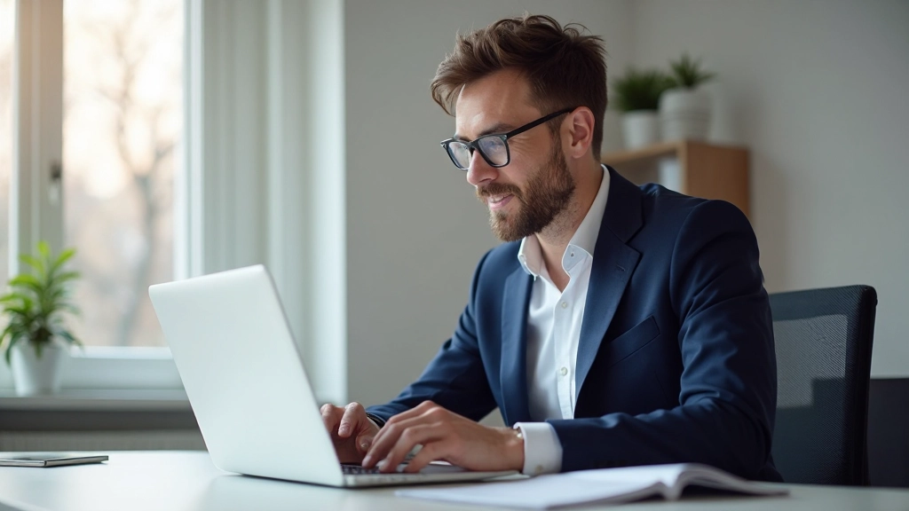 Professionele ondernemer werkt aan modern bureau met laptopcomputer en bedrijfsmaterialen