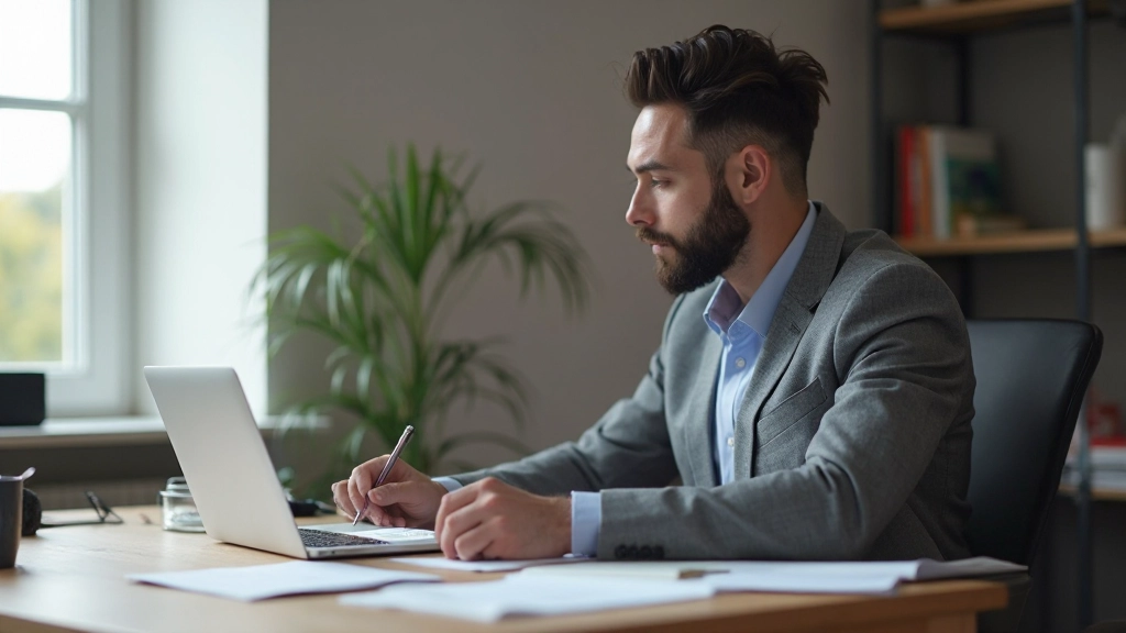 Ondernemer aan bureau met businessplan en laptop, organiseren van opstartdocumenten