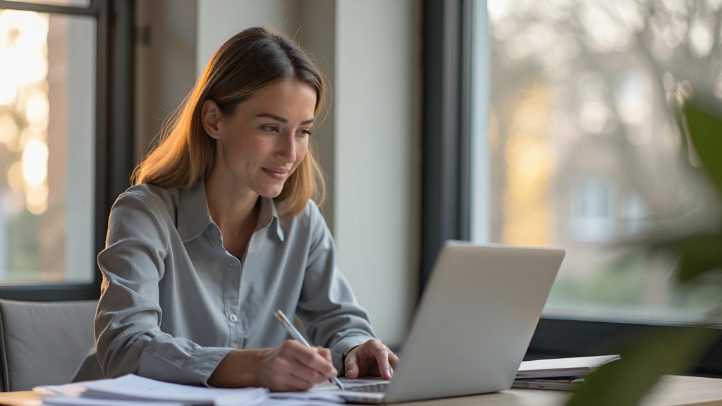 Professionele werkplek met zakenvrouw die aan laptop werkt en notities maakt, natuurlijk kantoorlicht van links, doelbewuste blik, clean environment