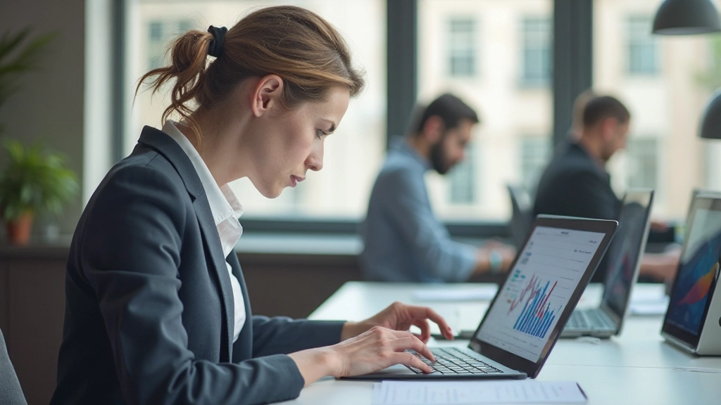 Professionele zakenvrouw analyseert financiële grafieken en businessplan op moderne werkplek