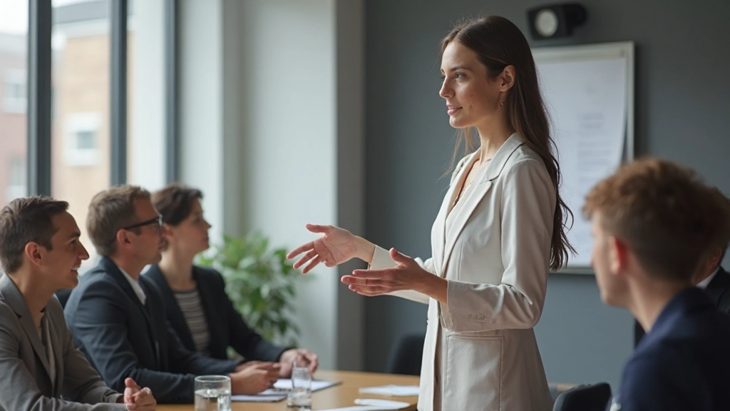Jonge professioneel presenteert startup bedrijfsplan aan teamleden in modern kantoor